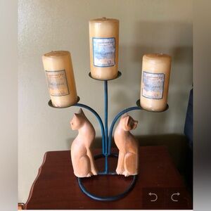 Rare Handcarved Wood Cats & Metal Candelabra